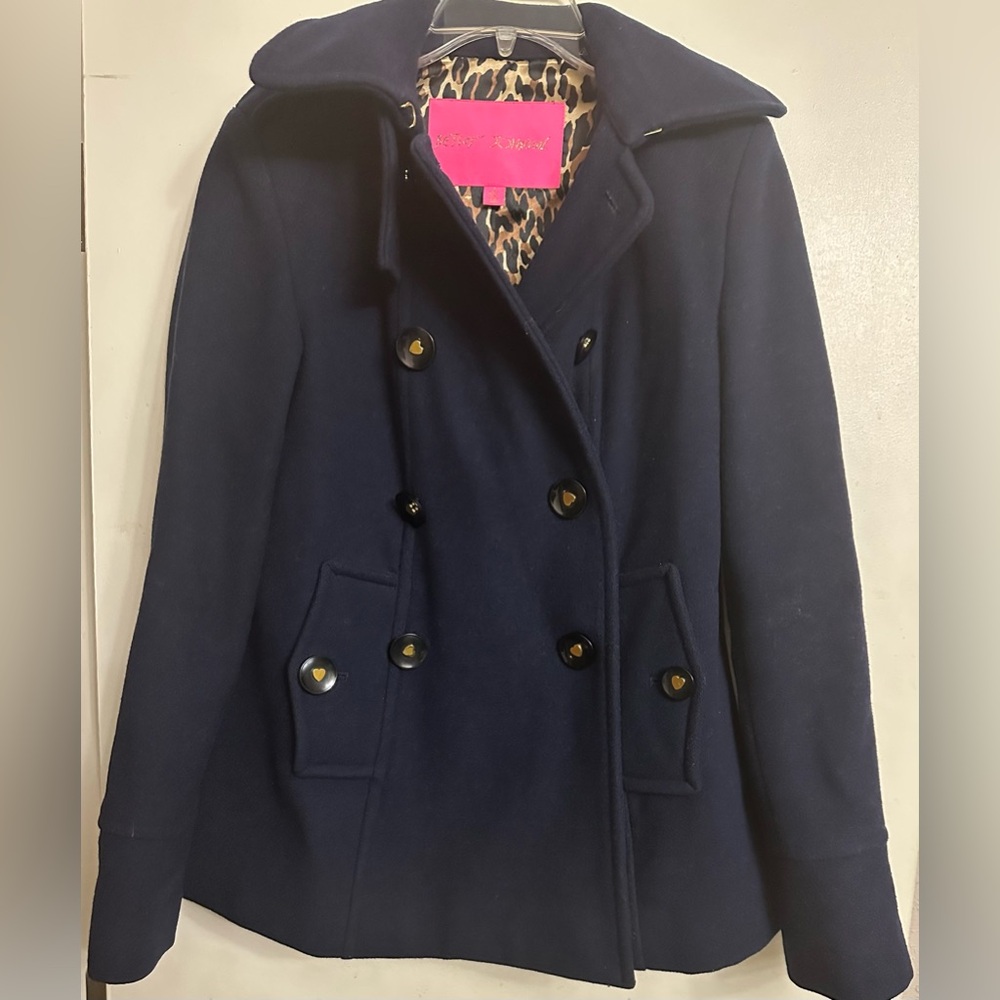 Betsey Johnson Wool Navy Pea Coat with Gold Buttons lined with leopard 🐆 prints